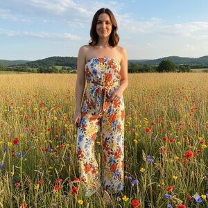 Lost + Wander Floral Wide Leg Strapless Jumpsuit S Red Multi Belted Eyelet Boho